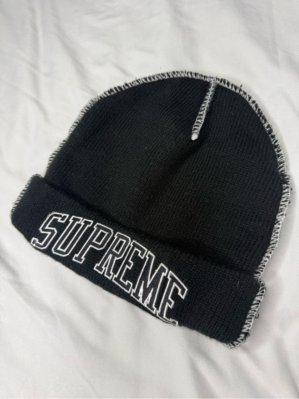Authentic Supreme Black Beanie with White Trim